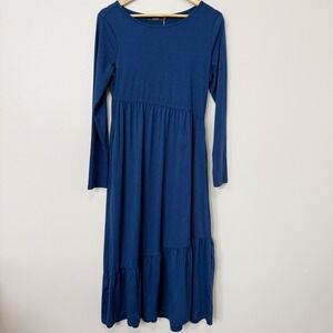 Haeof Womens Blue Long Sleeve Tiered Midi Dress Pockets Casual Stretch Size S